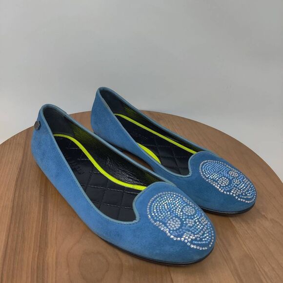 Philipp Plein Flats Womens 36 Diamante Skull Ballet Blue Suede Designer - Picture 1 of 11